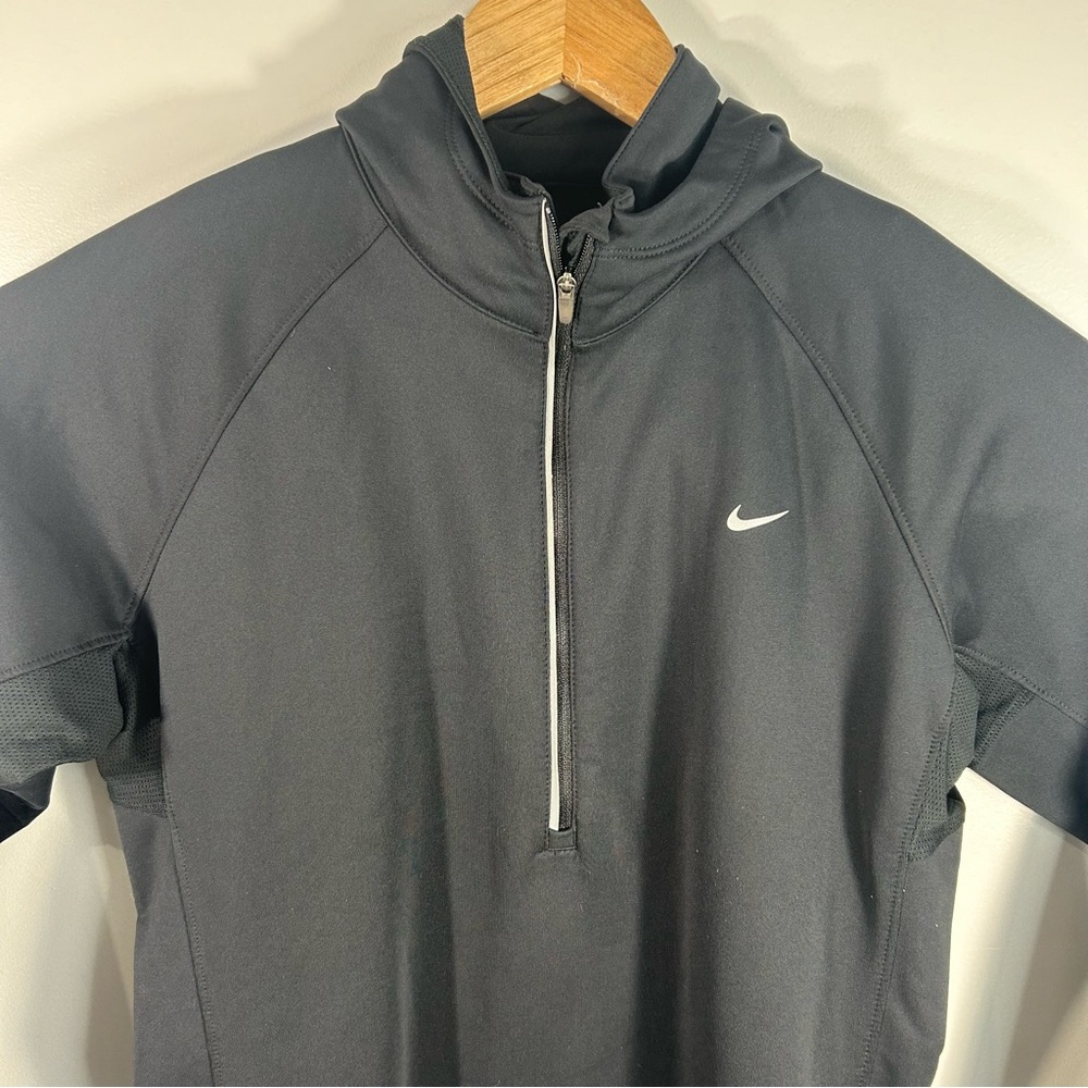 Nike Running Dri-Fit 1/4 Zip Pull Over Hooded Jacket BLK Back Zip Pocket Women L - Picture 3 of 14